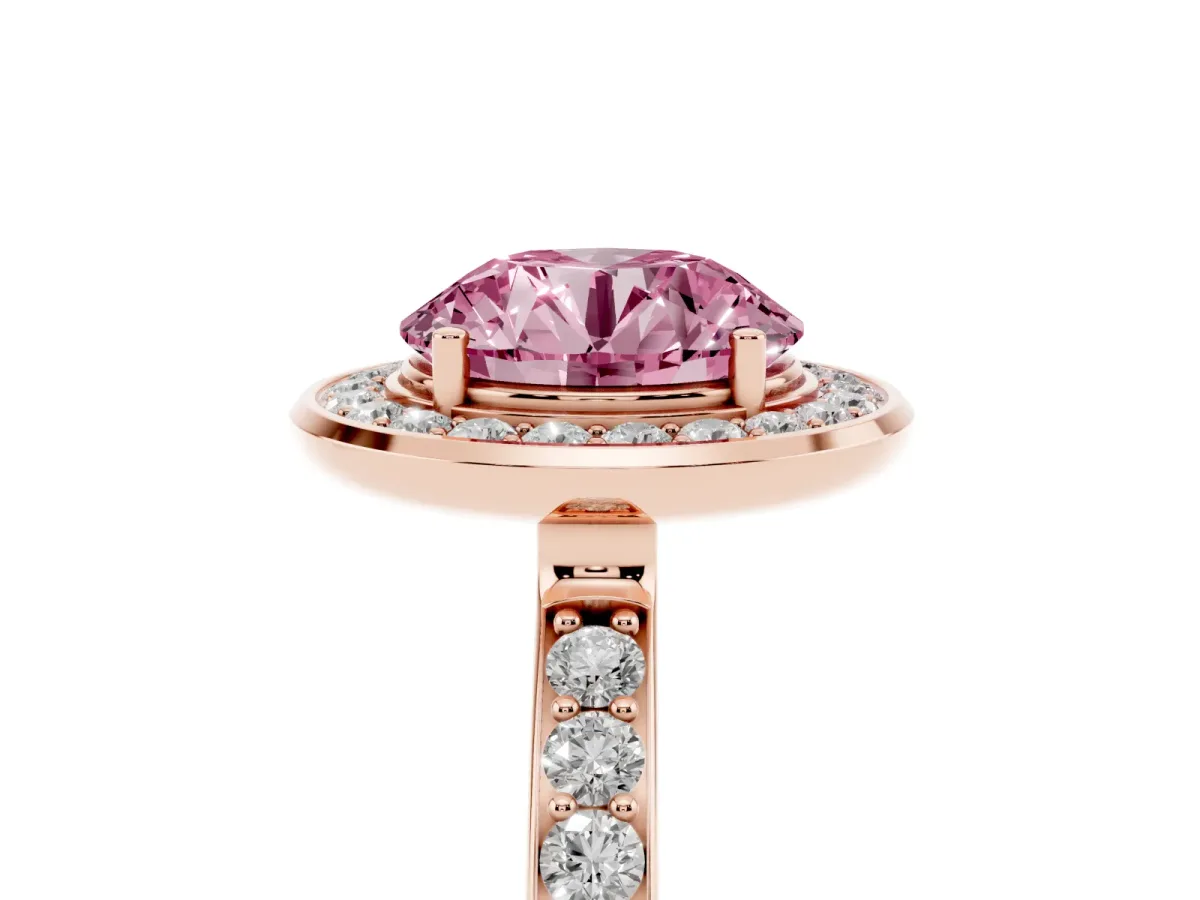 Fancy Pink Round Cut Diamond Halo Ring with Bezel Frame and Pavé Band Rose gold