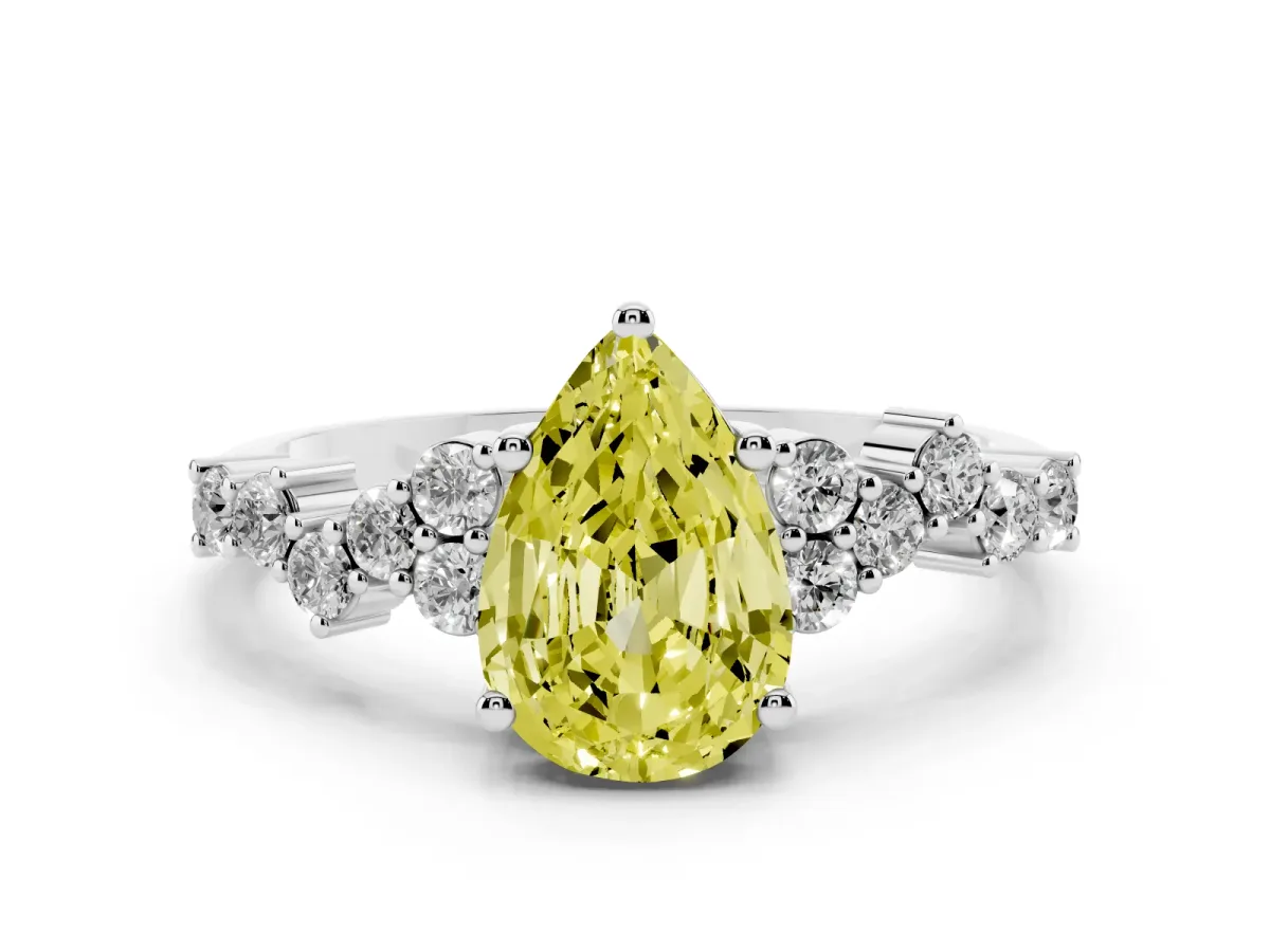 Fancy Yellow Pear Cut Diamond Scattered Round Accent Ring with Prong Setting White gold
