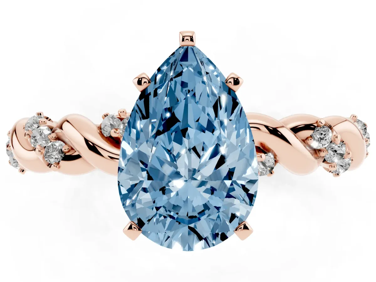 Fancy Blue Pear Cut Diamond Solitaire Ring with Twisted Band and Pavé Accents Rose gold