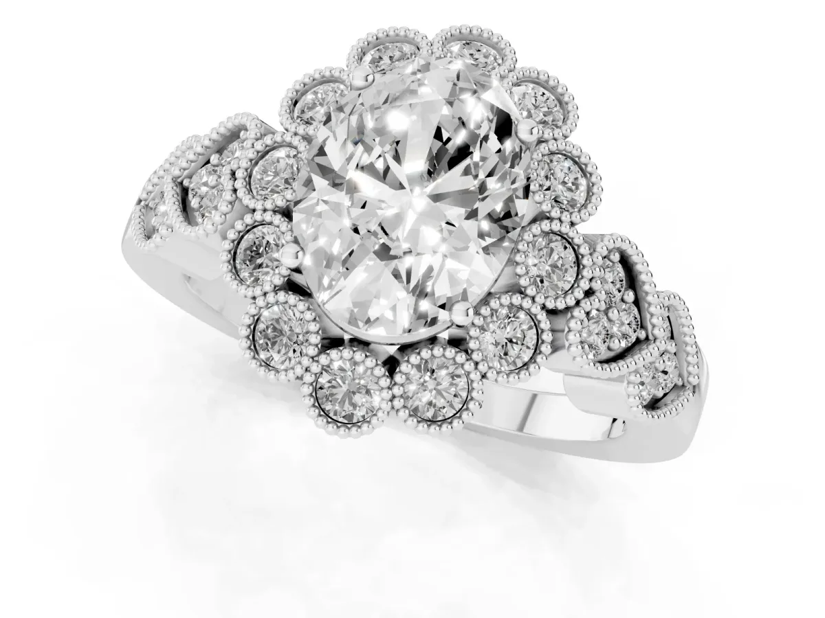 Oval Cut Brilliant Milgrain Pave Heart Band Solitaire Ring Silver