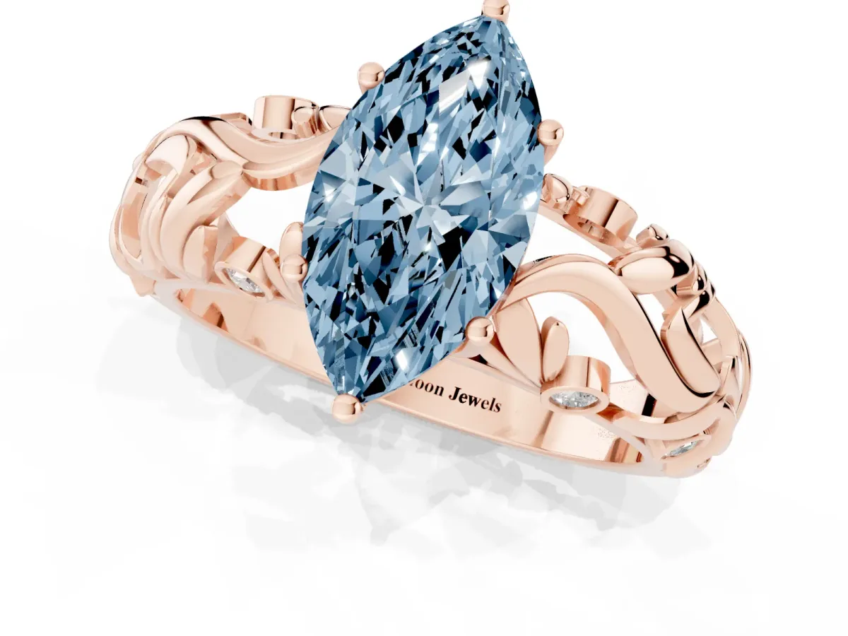 Fancy Blue Marquise Cut Solitaire Diamond Leaf-Inspired Vine Band Ring with Prong Setting Rose gold