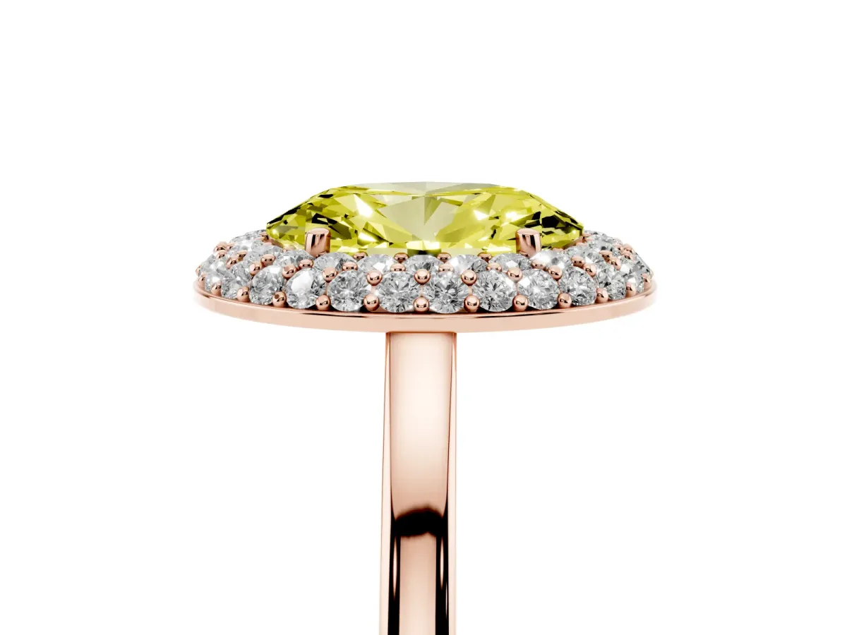 Fancy Yellow Oval Cut Halo Diamond Engagement Ring with Solitaire Band and Four-Prong Setting Rose gold