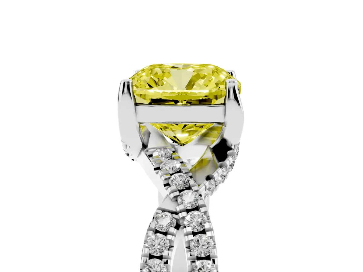 Fancy Yellow Cushion Cut Solitaire Twist Pave Diamond Engagement Ring with Prong Setting Silver