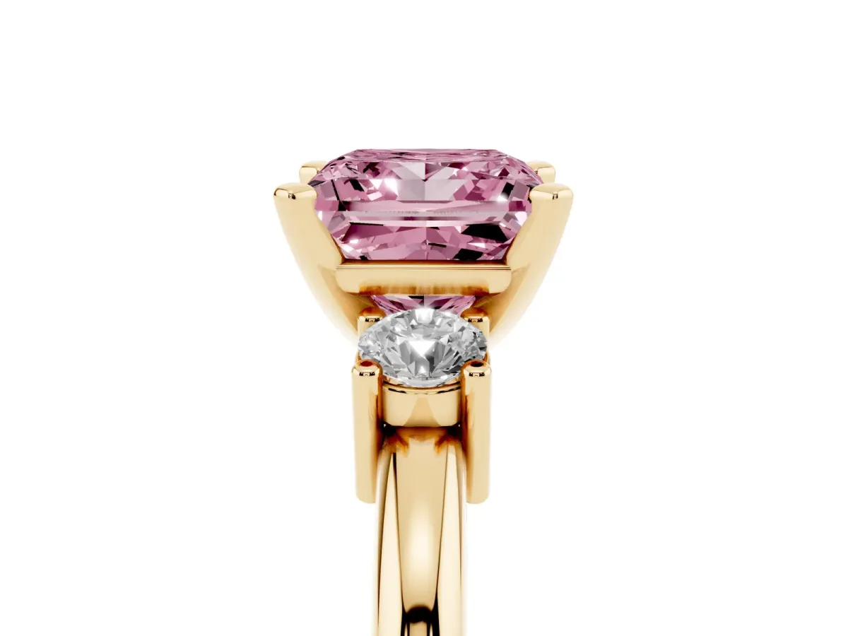 Fancy Pink Three-Stone Princess Cut Cut Diamond Solitaire with Prong Setting and Classic Band Yellow gold