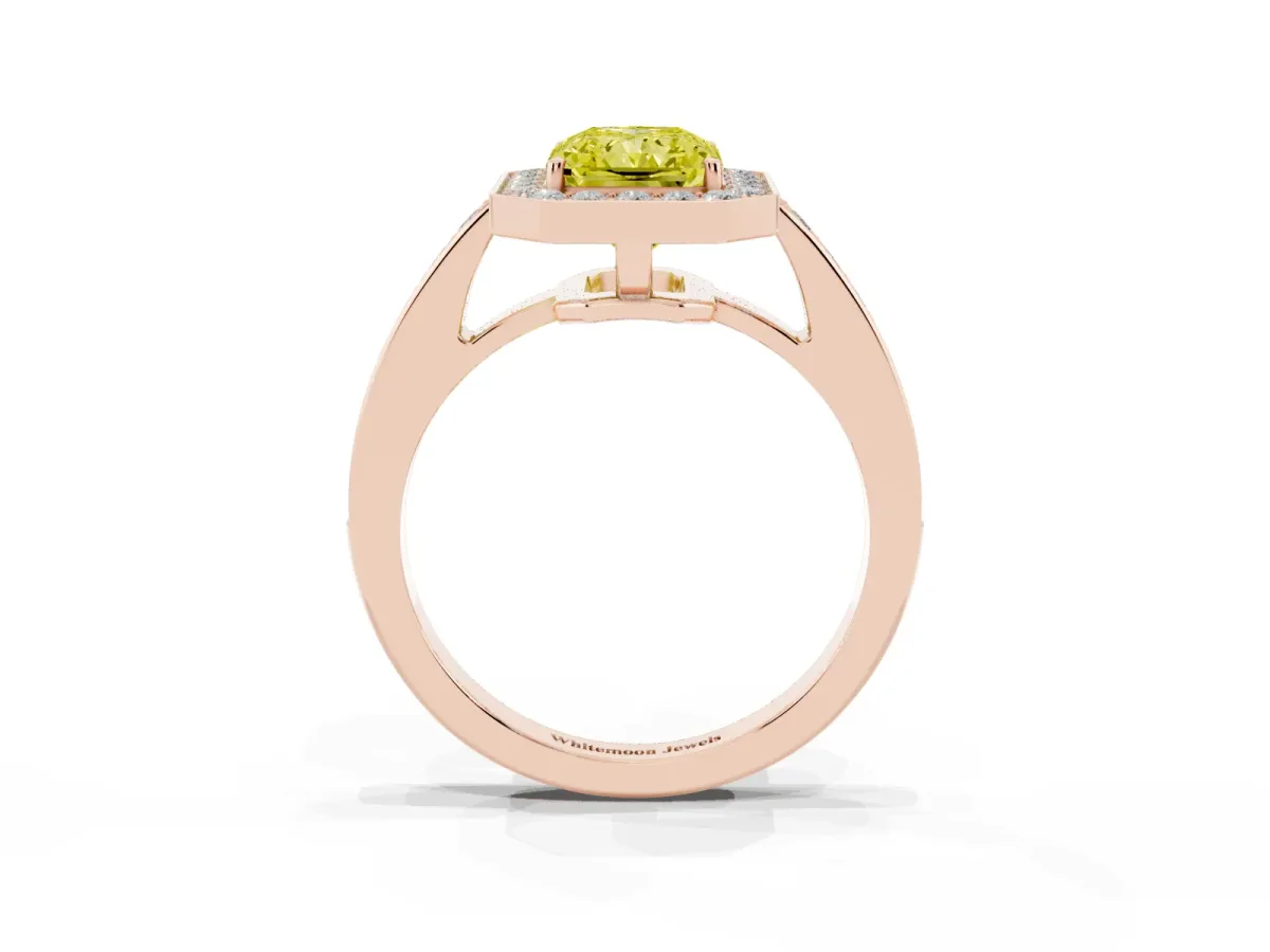 Fancy Yellow Radiant Cut Halo Pavé Diamond Engagement Ring with Bezel Setting Rose gold