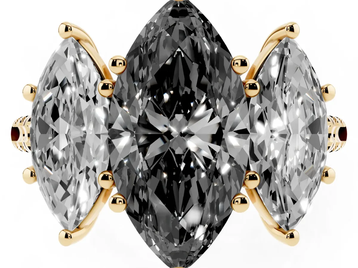 Fancy Black Three-Stone Marquise Cut Diamond Ring with Round Pavé Band and Prong Setting Yellow gold