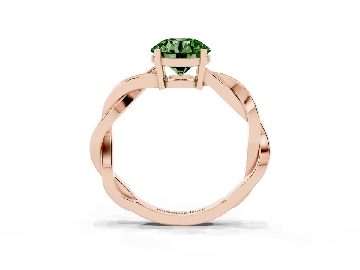 Fancy Green Round Cut Solitaire Twisted Pave Diamond Ring with Four-Prong Setting Rose gold