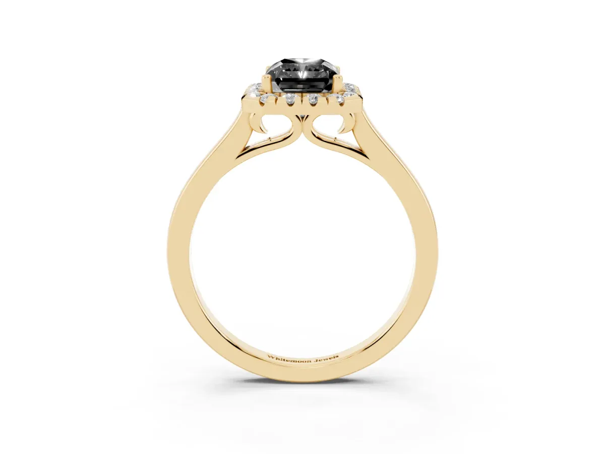 Fancy Black Radiant Cut Halo Round Diamond Solitaire Ring with Pavé Band and Four-Prong Setting Yellow gold