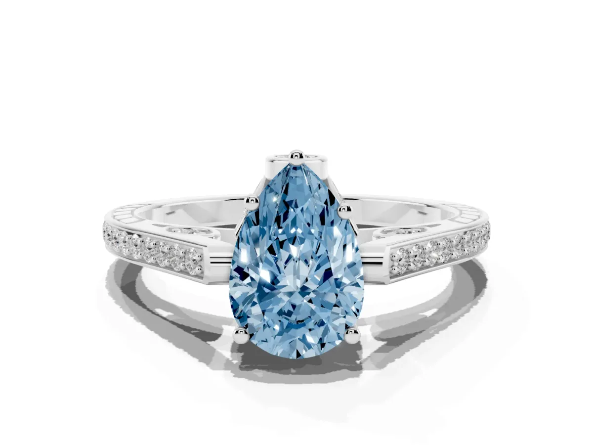 Fancy Blue Pear Cut Cut Cathedral Pave Diamond Engagement Ring with Six-Prong Setting Silver