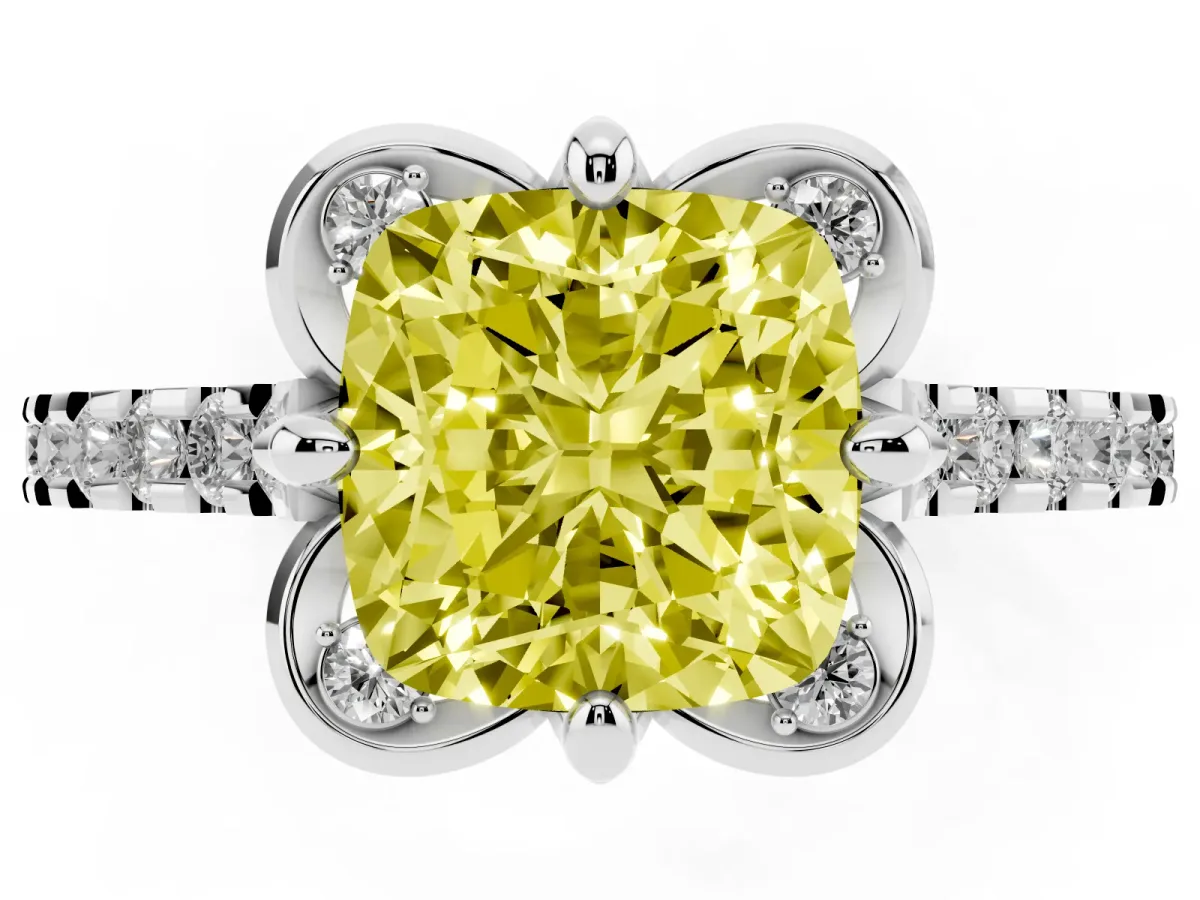 Fancy Yellow Cushion Cut Diamond Ring with Pavé Band and Floral Prong Setting White gold