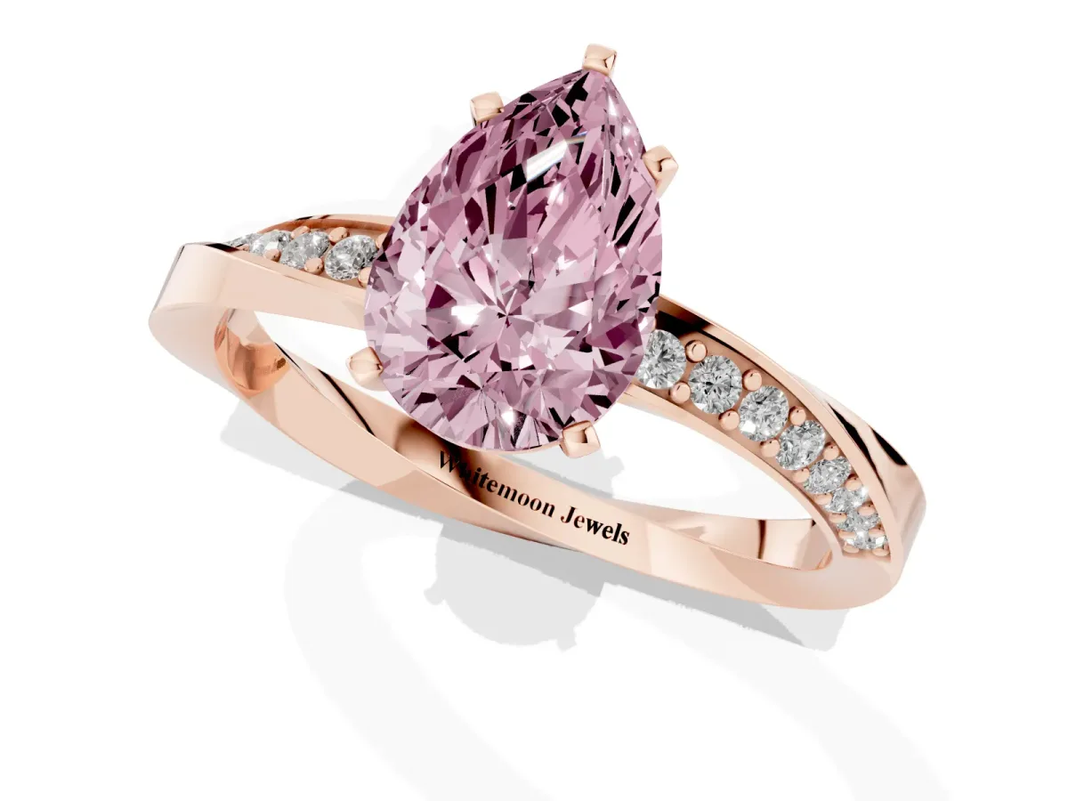 Fancy Pink Pear Cut Diamond Engagement Ring with Side Stone Accents and Four-Prong Setting Rose gold