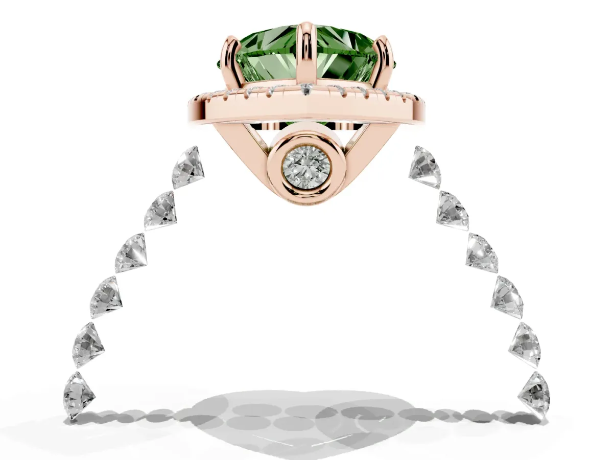 Fancy Green Heart Cut Halo Pavé Diamond Engagement Ring with Four-Prong Setting Rose gold