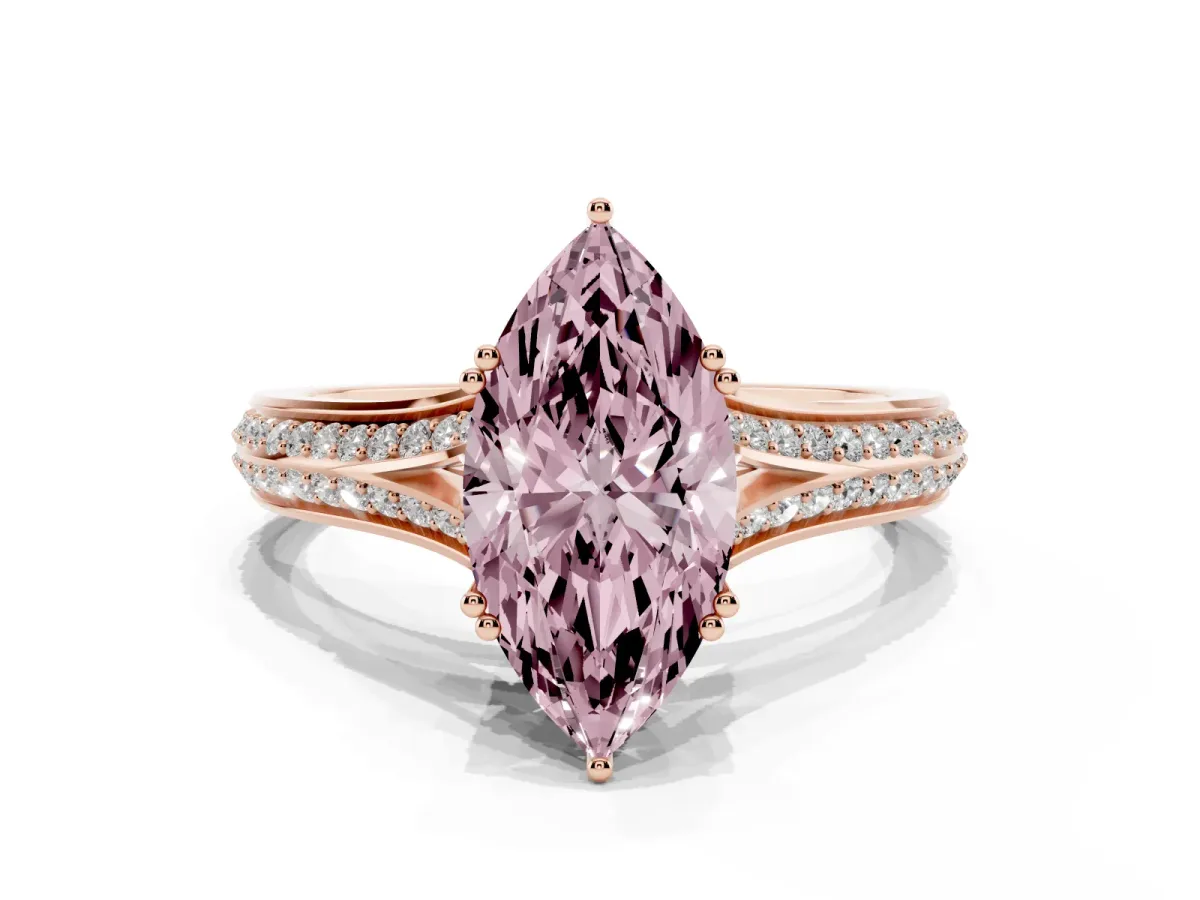 Fancy Pink Marquise Cut Diamond Split Shank Engagement Ring with Pavé Band Rose gold
