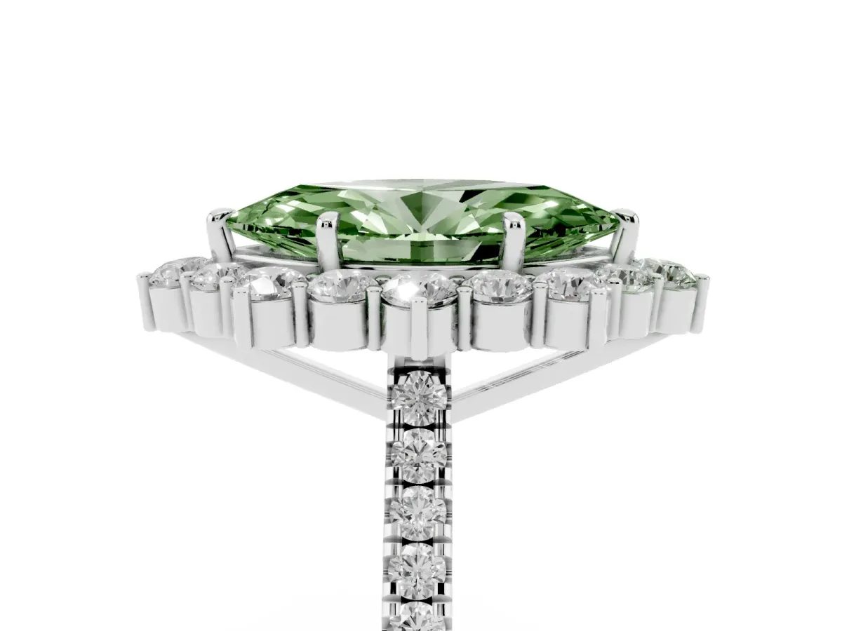 Fancy Green Marquise Cut Halo Diamond Ring with Pavé Band and Prong Setting Silver