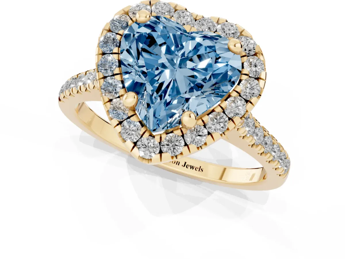 Fancy Blue Heart Cut Diamond Cushion Halo Ring with Pavé Band Yellow gold