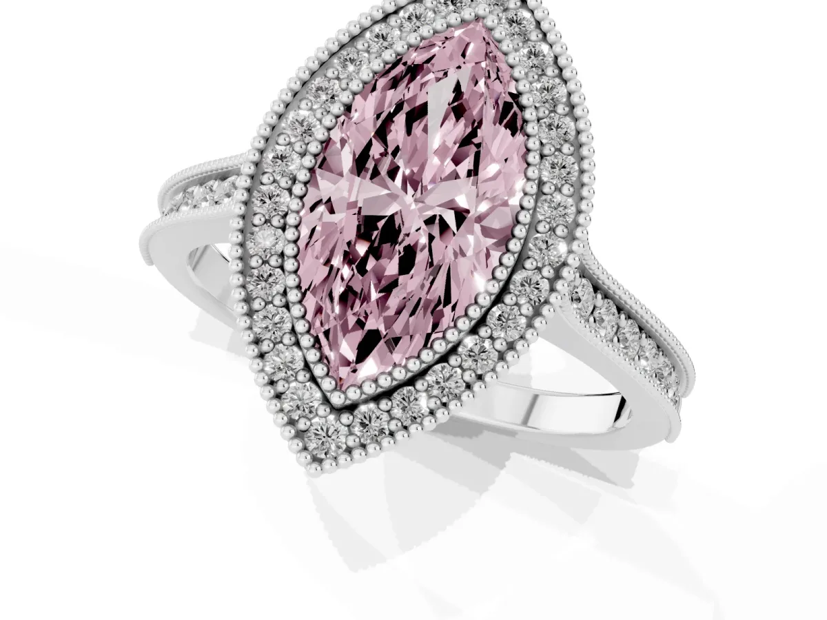 Fancy Pink Halo Marquise Cut-Cut Diamond Pave Band Milgrain Prong Setting Ring Silver