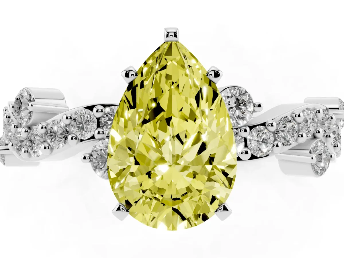 Fancy Yellow Pear Cut Cut Solitaire Diamond Twisted Band with Pave Setting White gold