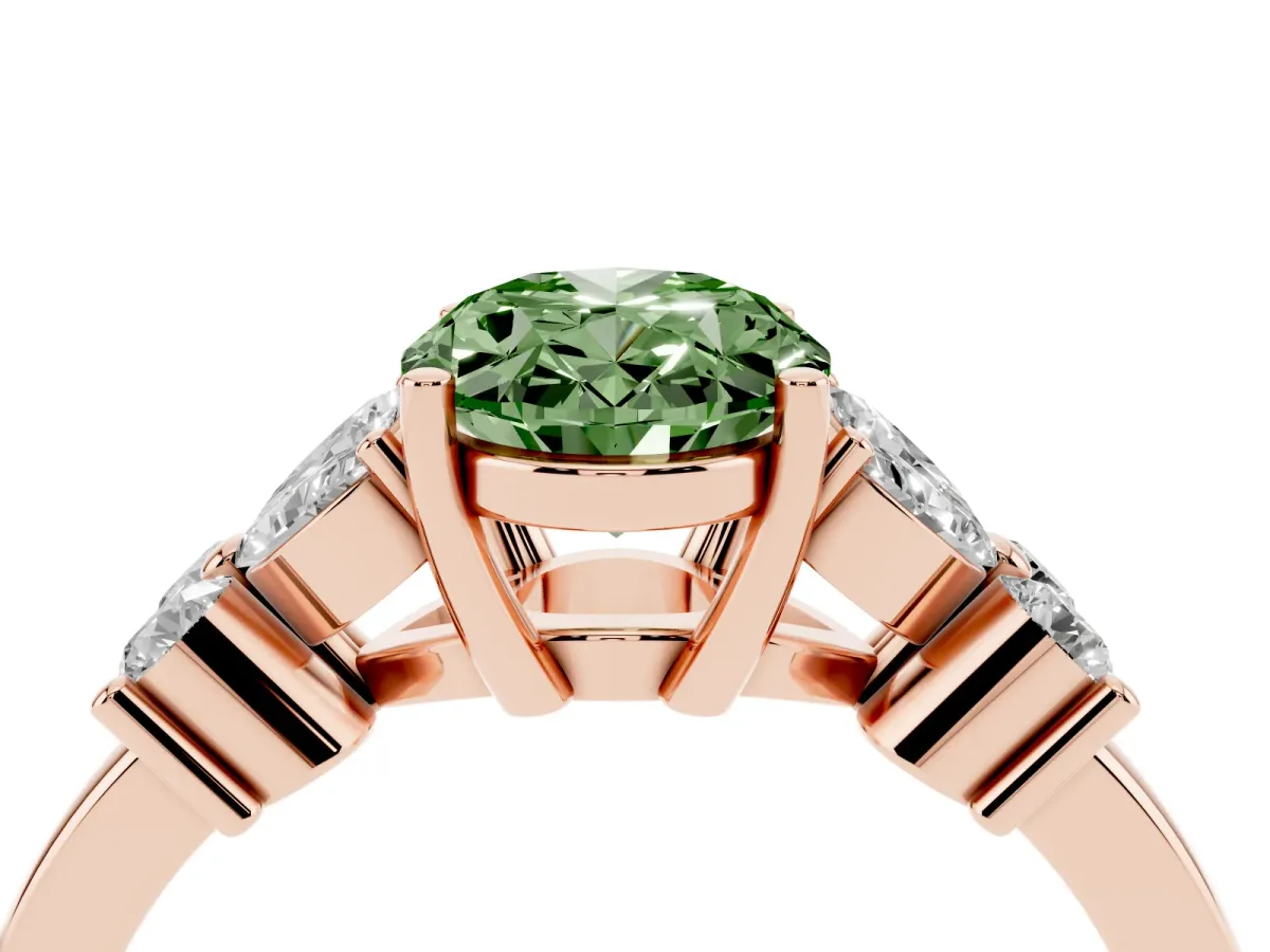Fancy Green Oval Cut Diamond Floral Cluster Ring with Solitaire Band and Prong Setting Rose gold