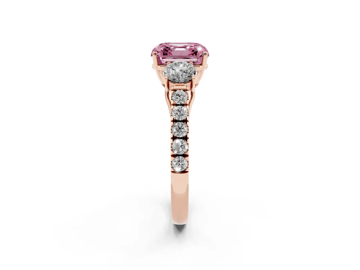 Fancy Pink Asscher Cut Cut Diamond Three-Stone Ring with Round Side Stones and Pavé Band Rose gold