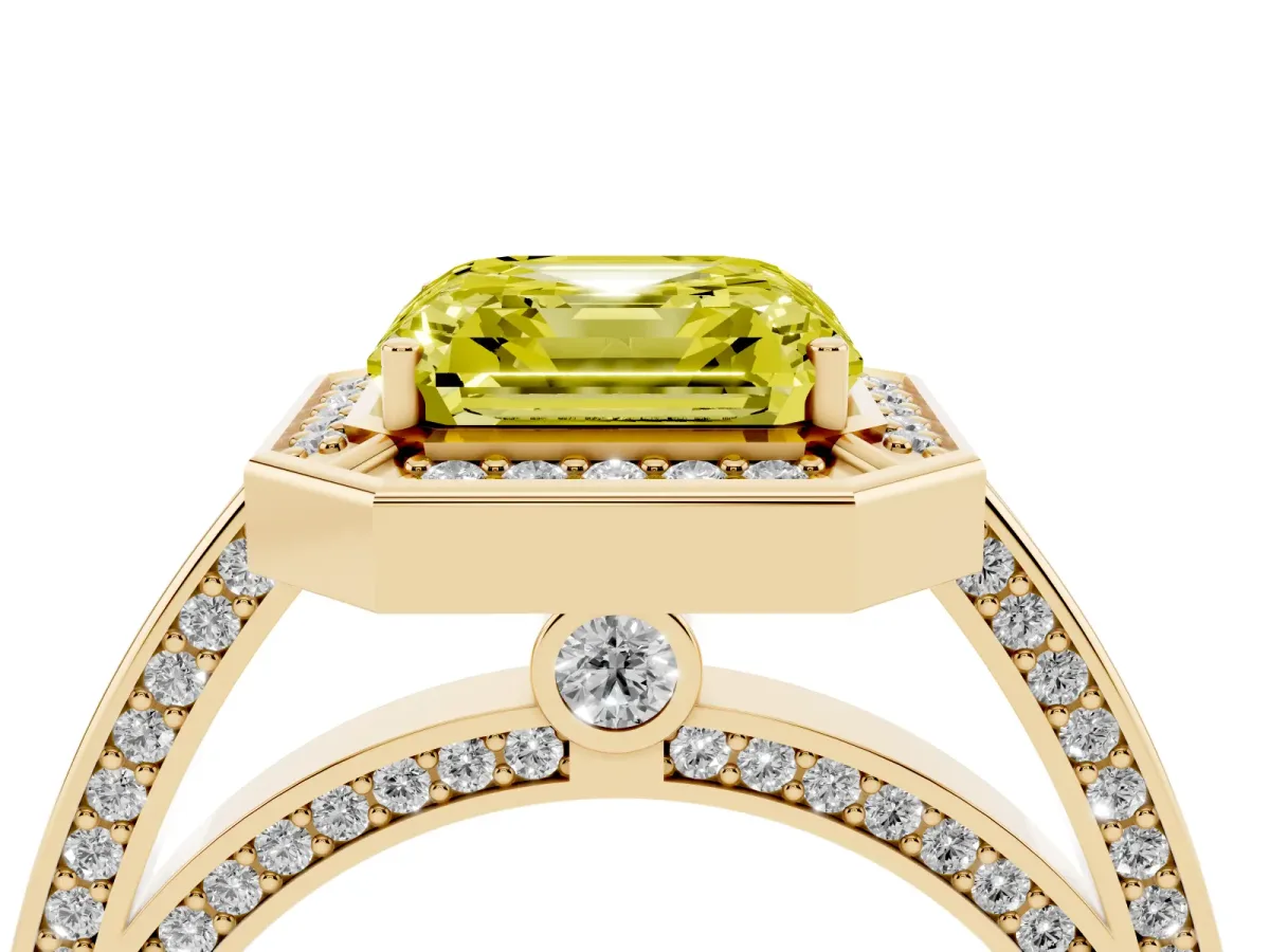 Fancy Yellow Asscher Cut Cut Halo Pave Split Shank Prong Setting Ring Yellow gold