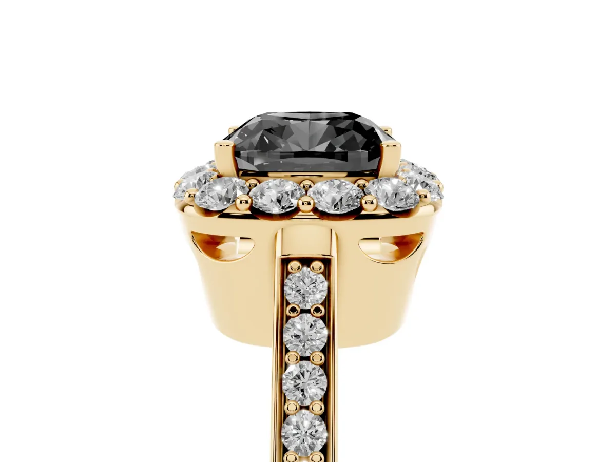 Fancy Black Cushion Cut Diamond Floral Halo Ring with Pavé Band and Prong Setting Yellow gold