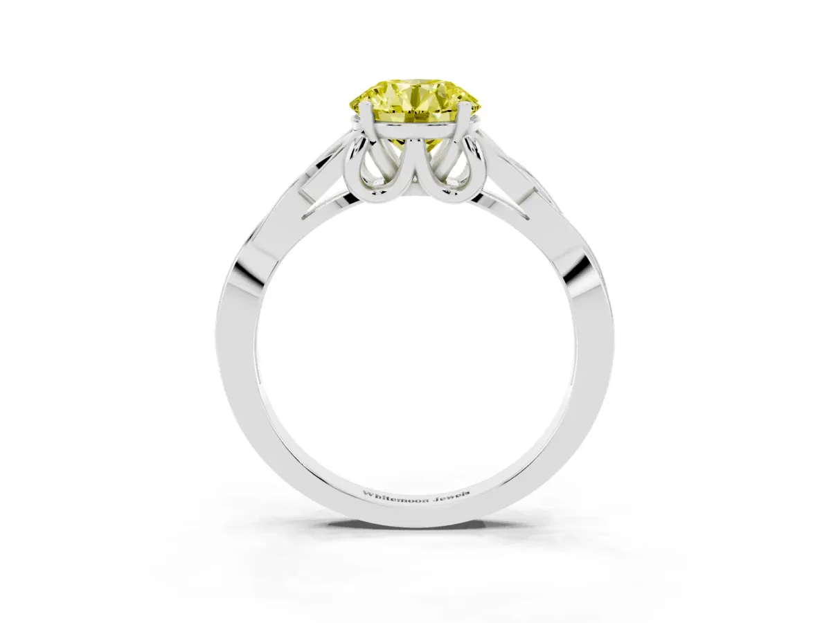 Fancy Yellow Round Cut Diamond Solitaire Engagement Ring with Celtic Knot Band and Four-Prong Setting White gold