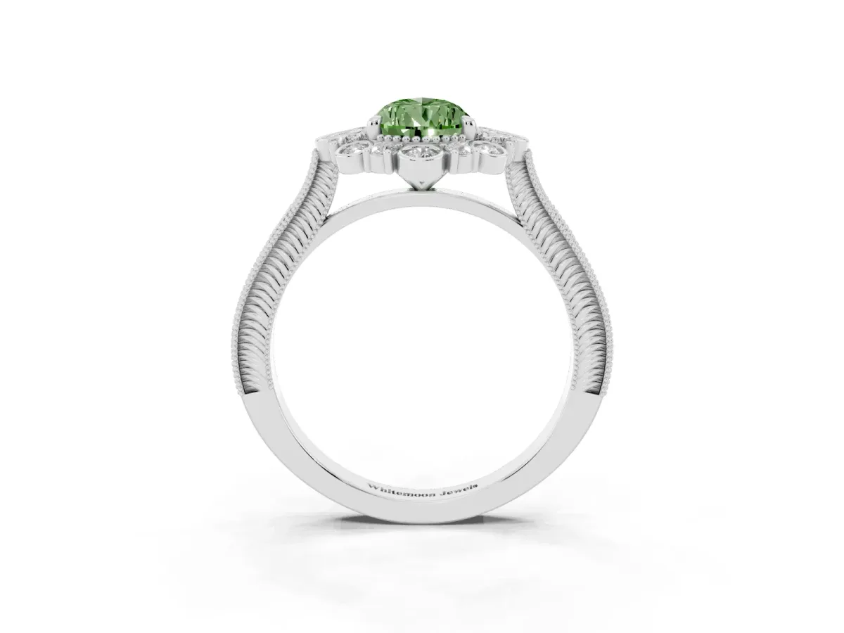 Fancy Green Pear Cut Halo Milgrain Pave Diamond Ring with Four-Prong Setting Silver