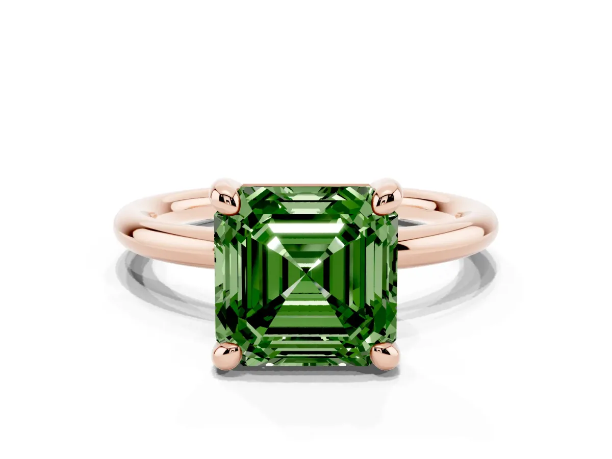 Fancy Green Asscher Cut Solitaire Diamond Ring with Four-Prong Setting on a Plain Band Rose gold