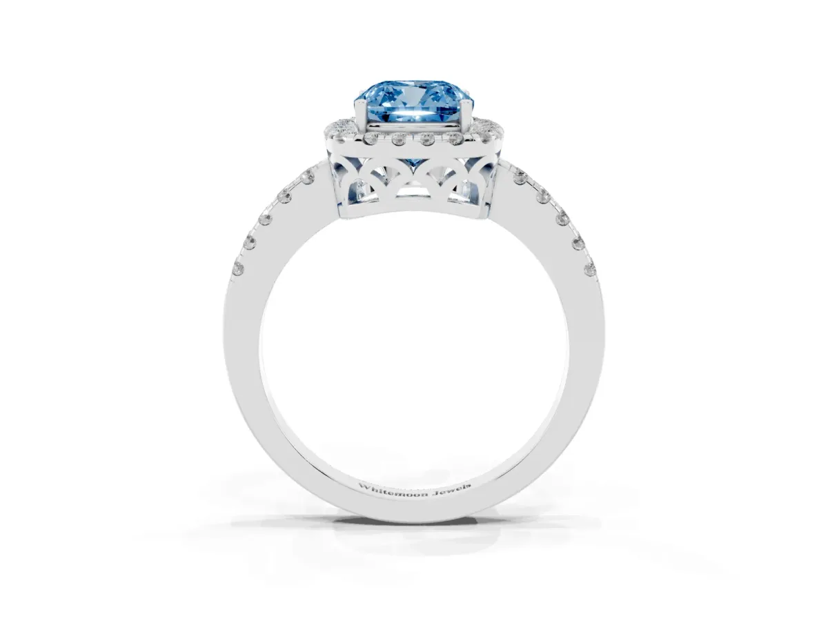 Fancy Blue Cushion Cut Halo Diamond Engagement Ring with Pavé Band and Four-Prong Setting Platinum