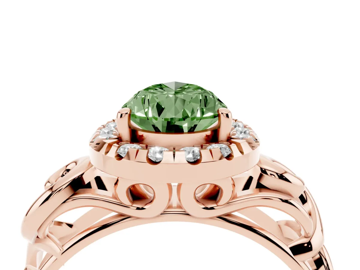 Fancy Green Pear Cut Cut Halo Diamond Ring with Scrollwork Band and Four-Prong Setting Rose gold