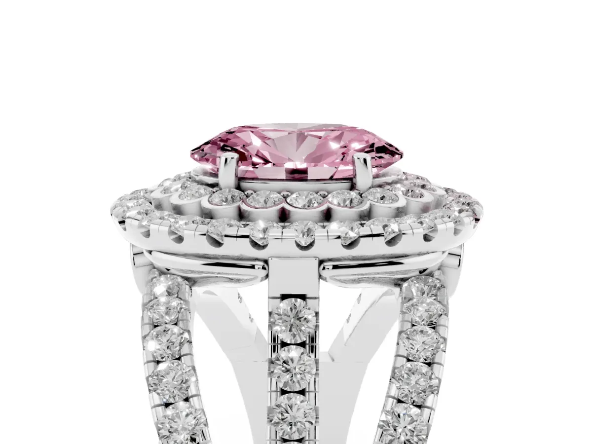 Fancy Pink Oval Cut Diamond Double Halo Ring with Round Pavé Split Shank and Prong Setting Silver