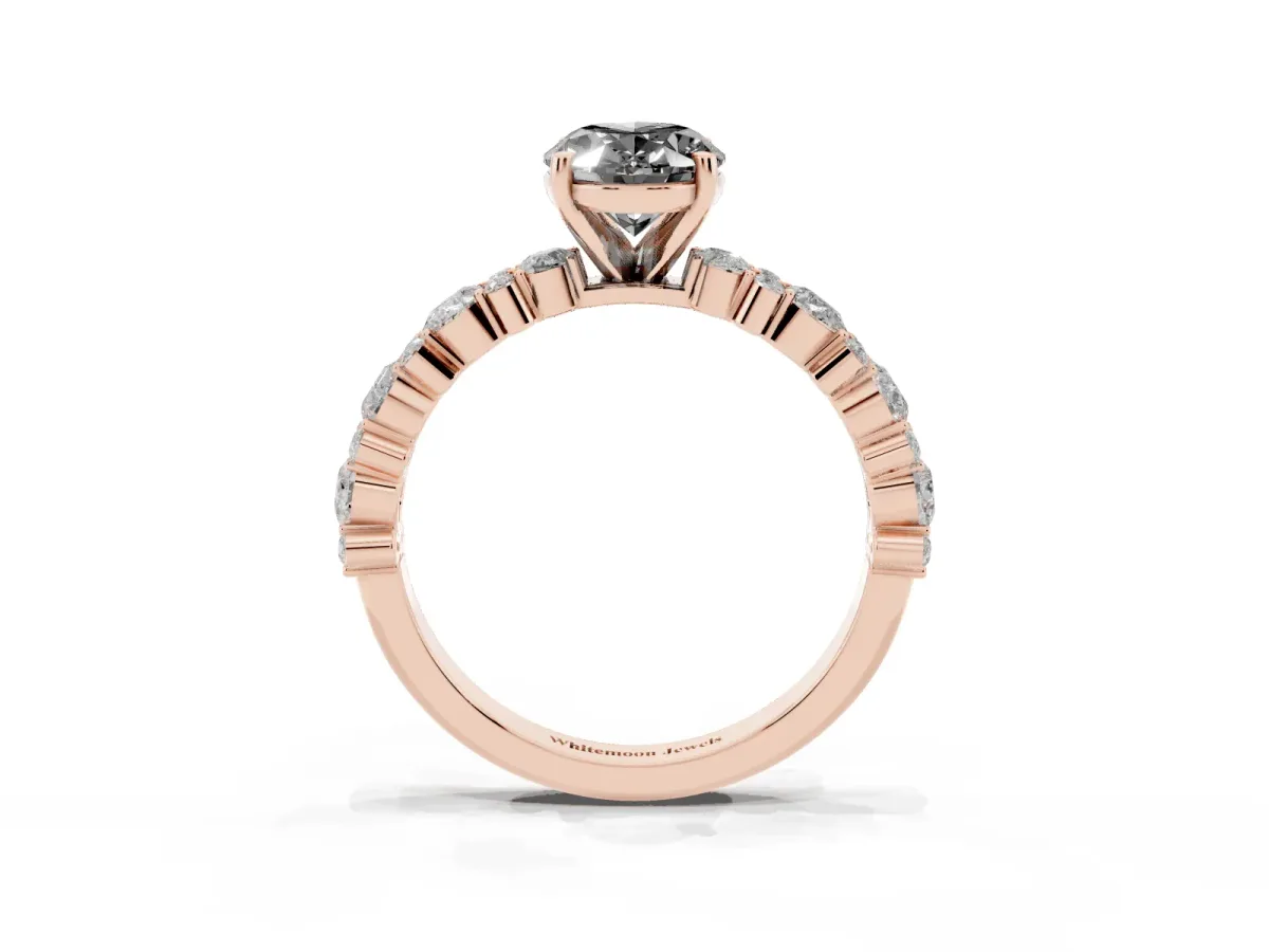 Fancy Black Oval Cut Diamond Side Stone Solitaire Ring with Round and Four-Prong Setting Rose gold