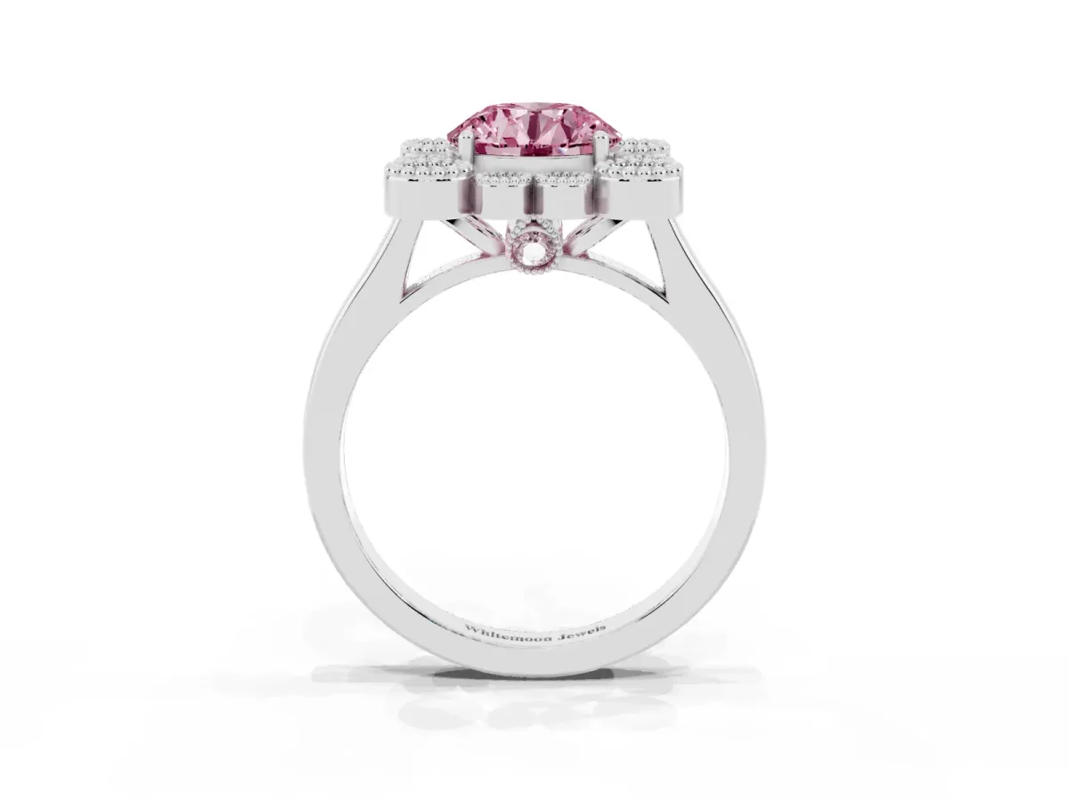 Fancy Pink Round Cut Halo Diamond Cluster Engagement Ring with Milgrain Bezel Setting and Solitaire Band Platinum