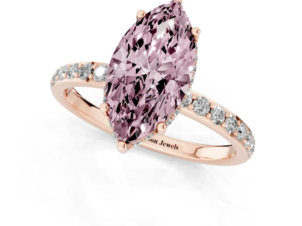 Fancy Pink Marquise Cut Diamond Solitaire Ring with Pavé Band and Hidden Halo Rose gold