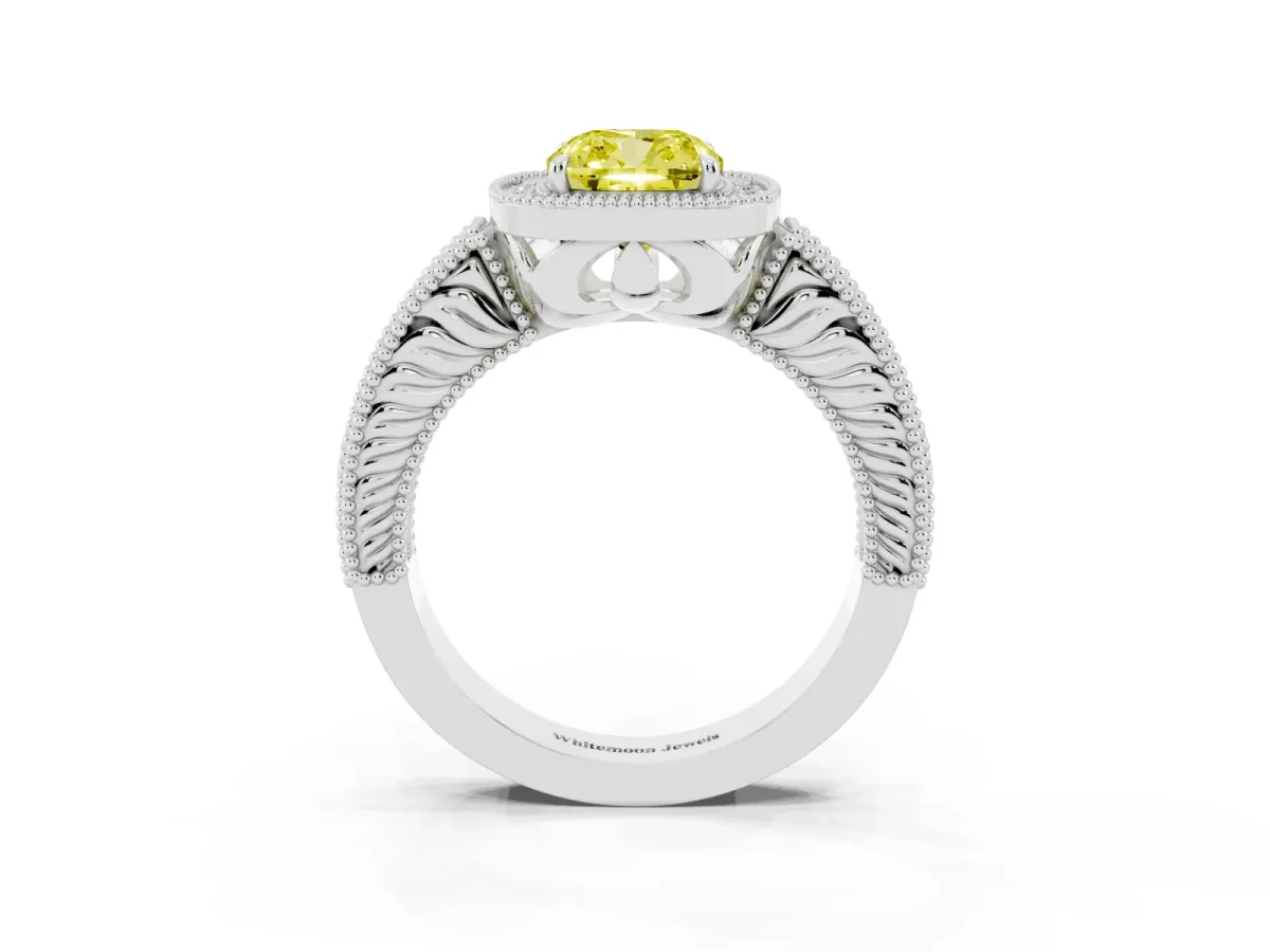 Fancy Yellow Cushion Cut Cut Halo Diamond Ring with Pavé Band and Four-Prong Setting White gold