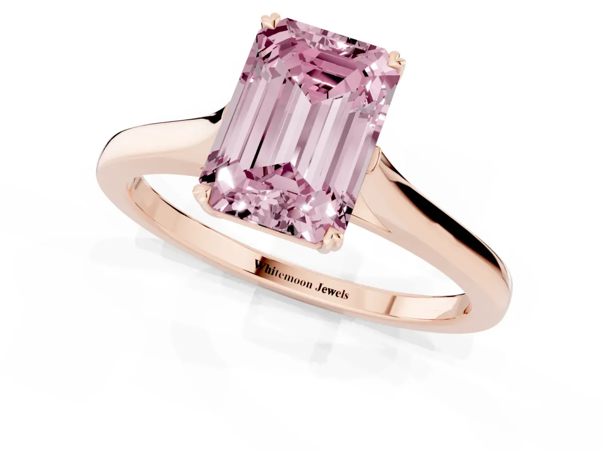 Fancy Pink Emerald Cut Solitaire Heart Prong Engagement Ring with Tapered Band Rose gold