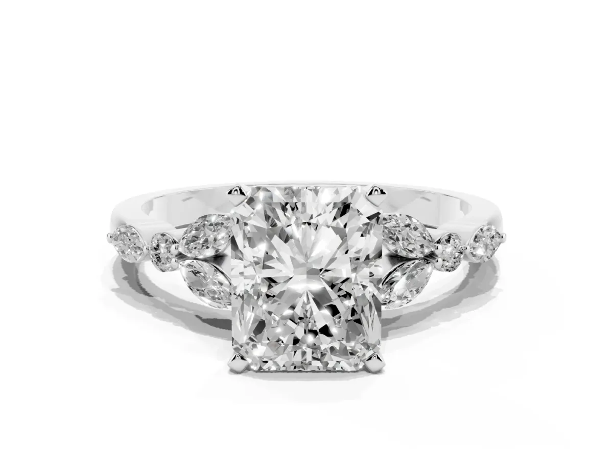 Radiant Cut Diamond Solitaire Ring with Side Stones and Four-Prong Setting Silver