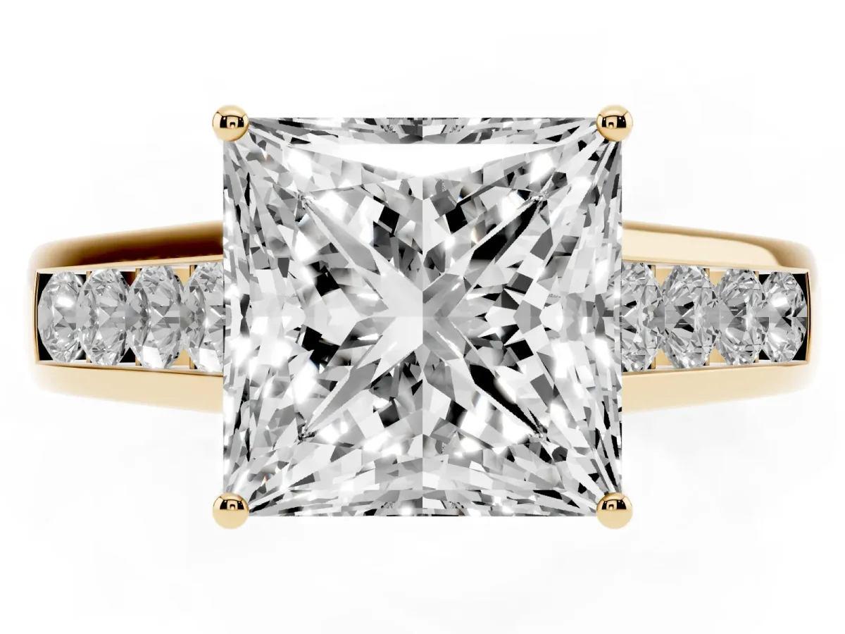 Princess Cut Brilliant Channel-Set Solitaire Ring with Four-Prong Setting Yellow gold
