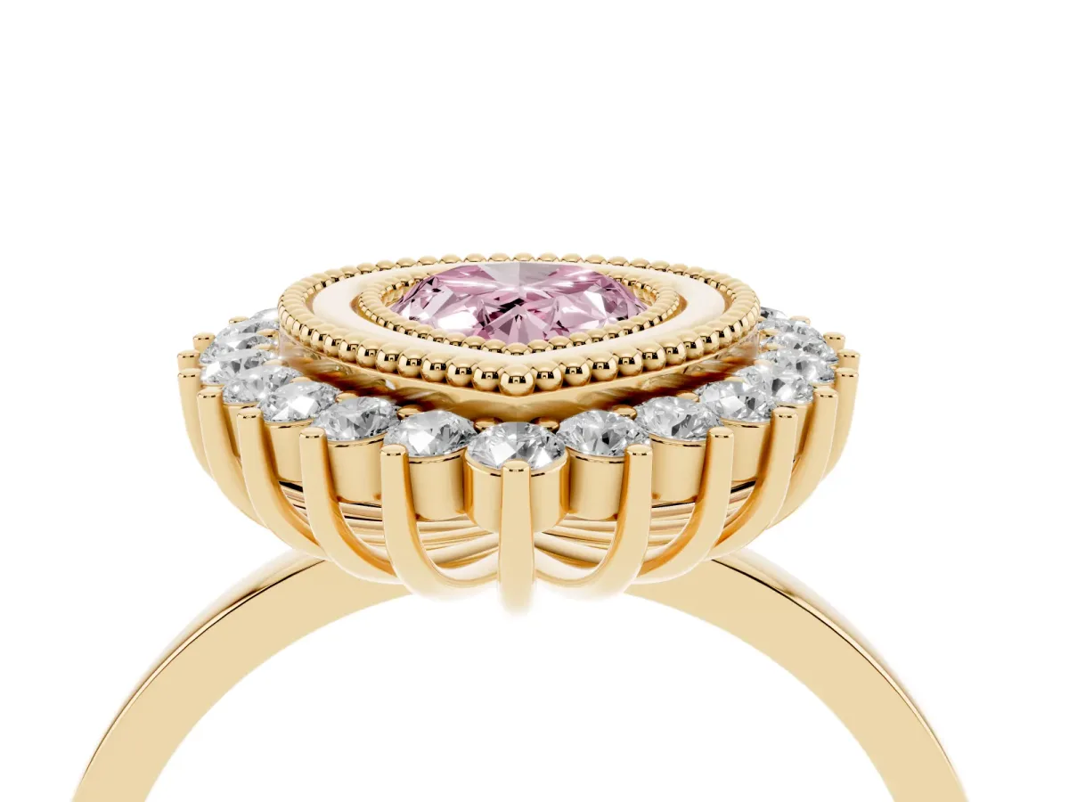 Fancy Pink Pear Cut Halo Diamond Ring with Milgrain Edge and Round Prong Setting Yellow gold