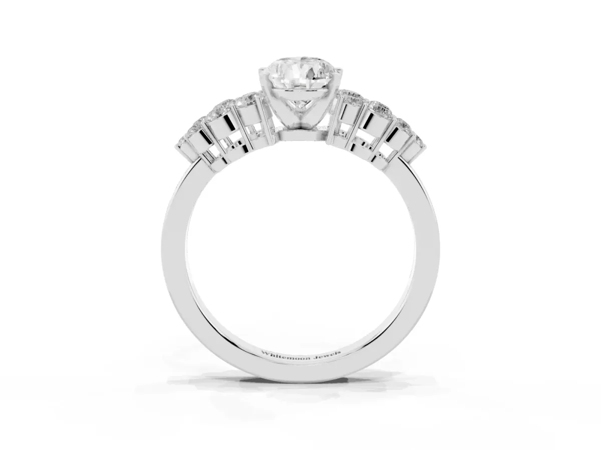 Pear Cut Cluster Diamond Engagement Ring with Pavé Band and Four-Prong Setting Silver