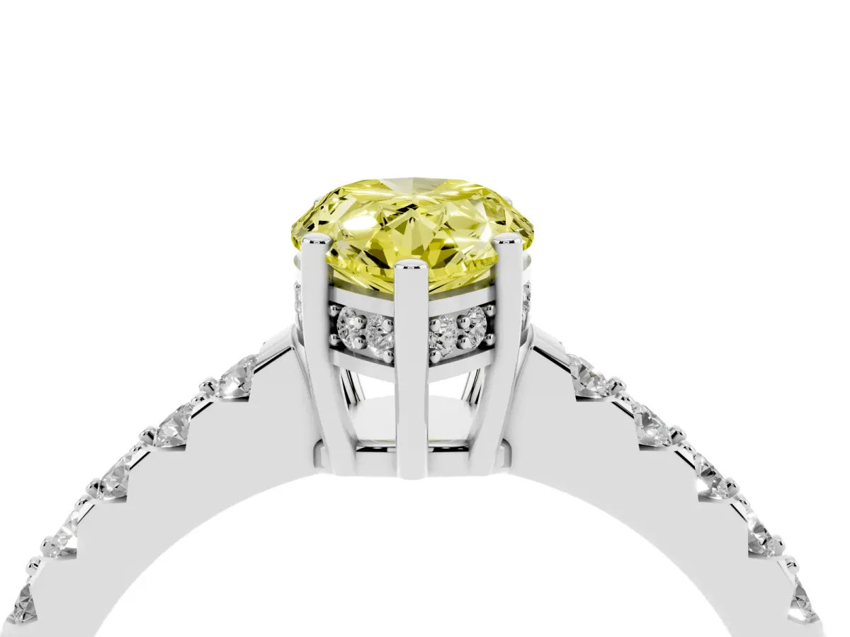 Fancy Yellow Pear Cut Solitaire Diamond Engagement Ring with Pavé Band and Six-Prong Setting White gold