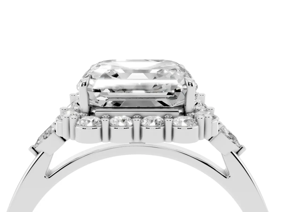 Asscher Cut Diamond Halo Ring with Pear Side Stones and Prong Setting Silver