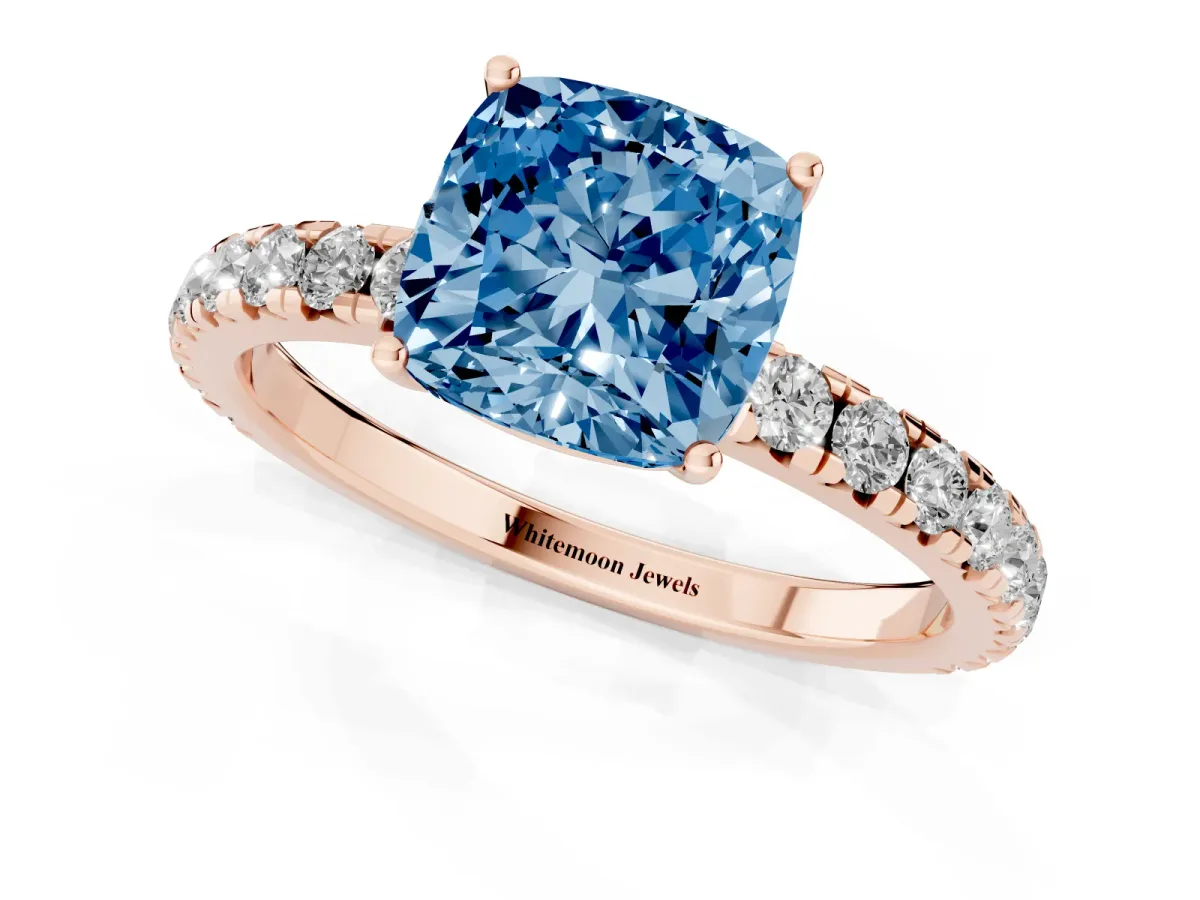 Fancy Blue Cushion Cut Diamond Pavé Solitaire Engagement Ring with Four-Prong Setting Rose gold
