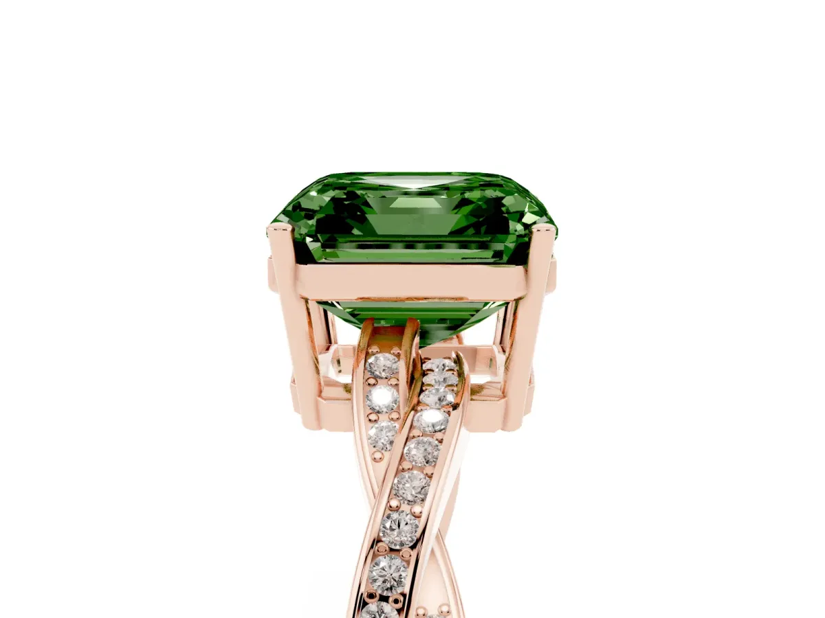 Fancy Green Asscher Cut Solitaire Twisted Pave Diamond Ring with Four-Prong Setting Rose gold