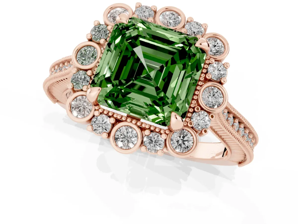 Fancy Green Asscher Cut Halo Milgrain Pave Diamond Ring with Four-Prong Setting Rose gold