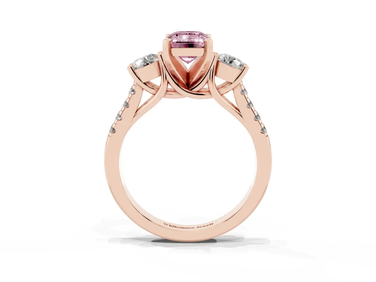 Fancy Pink Three-Stone Emerald Cut Diamond Pavé Band with Four-Prong Setting Rose gold
