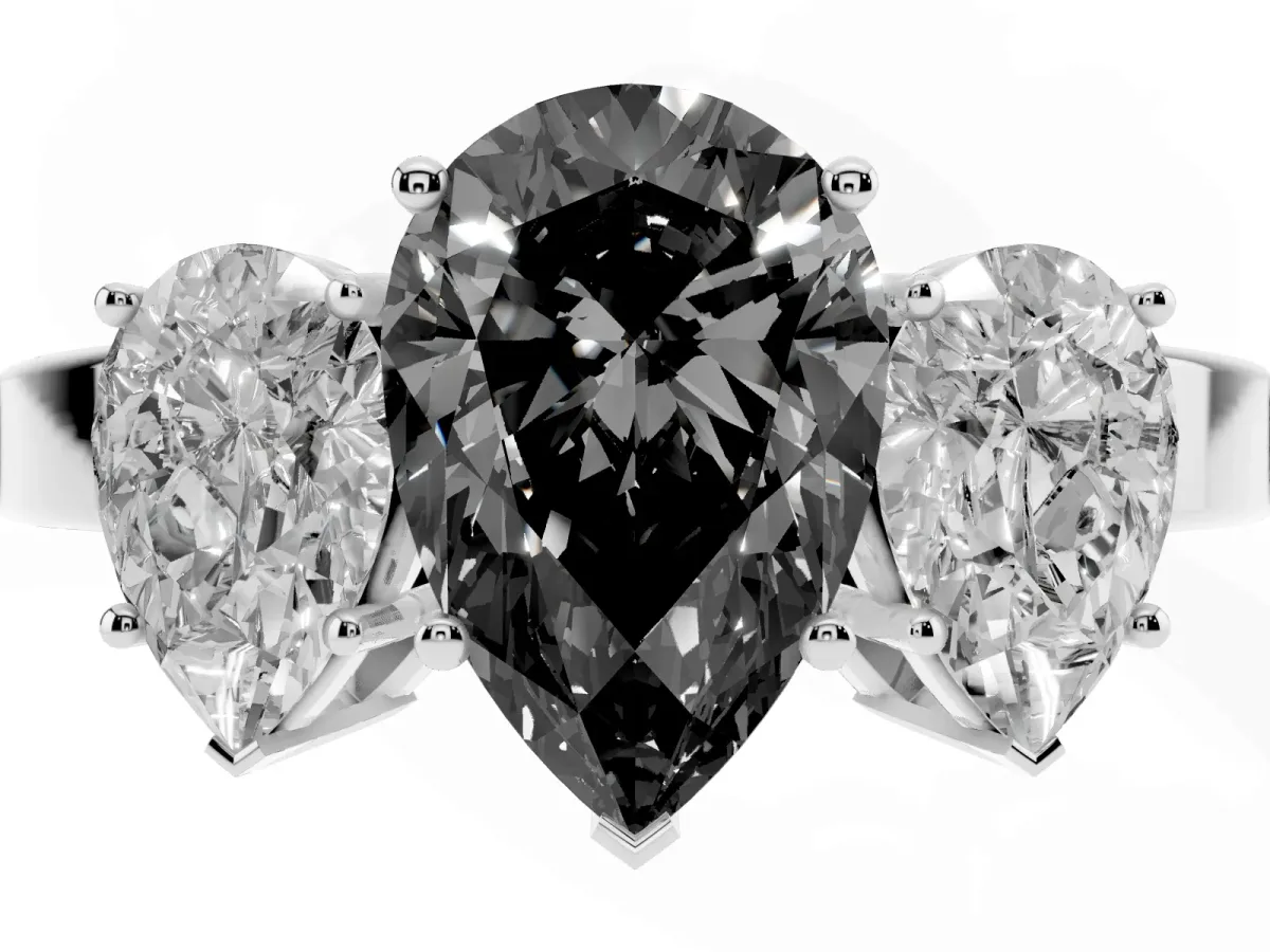 Fancy Black Three-Stone Pear Cut Cut Diamond Engagement Ring with Flat Band and Four-Prong Setting Silver