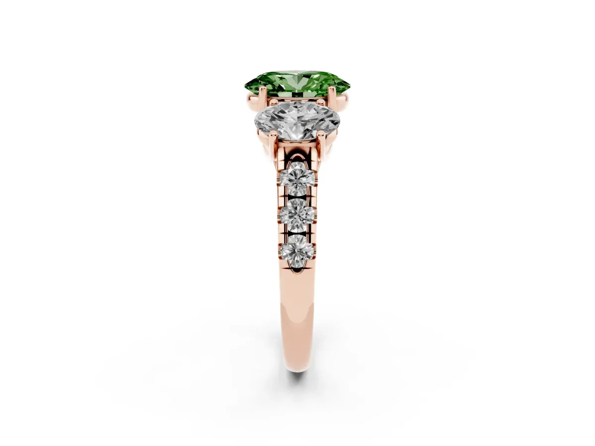 Fancy Green Three-Stone Oval Cut Diamond Pavé Band with Prong Setting Rose gold