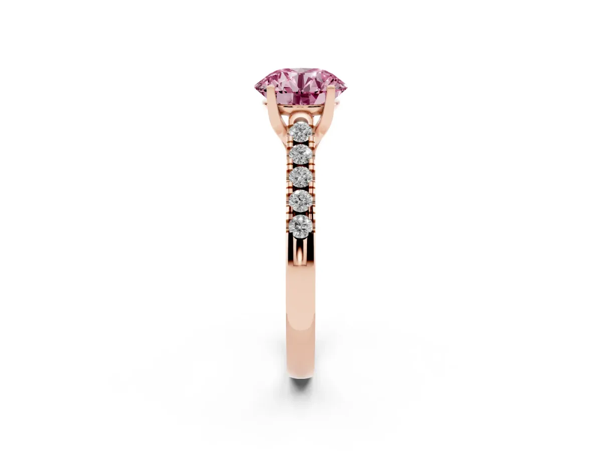 Fancy Pink Round Cut Diamond Pavé Band Solitaire Ring with Prong Setting Rose gold