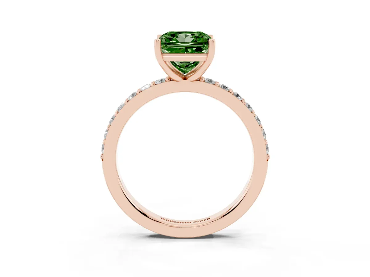 Fancy Green Princess Cut Cut Diamond Solitaire with Pave Band and Four-Prong Setting Rose gold